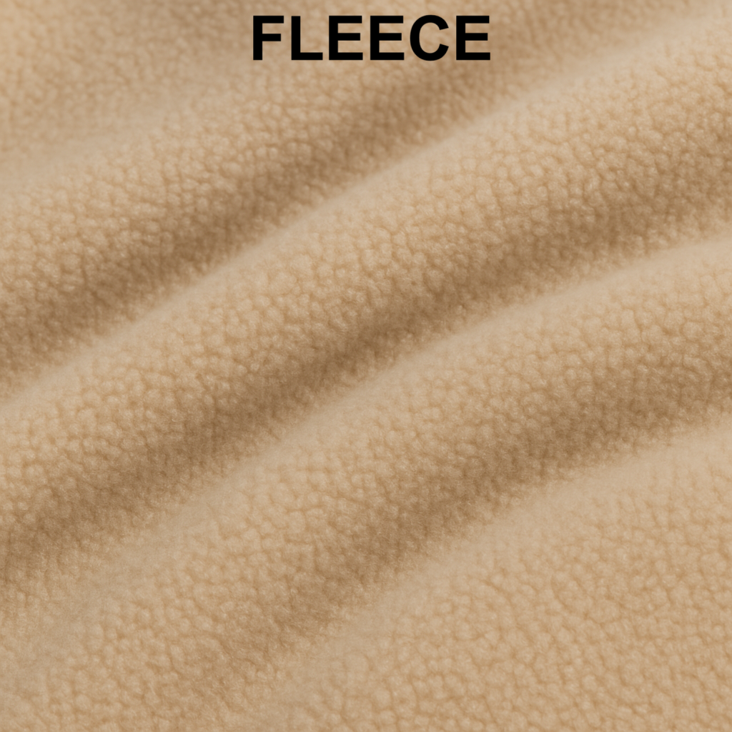 Image of beige fleece fabric with soft, textured surface, ideal for warm, cozy clothing like hoodies and jackets