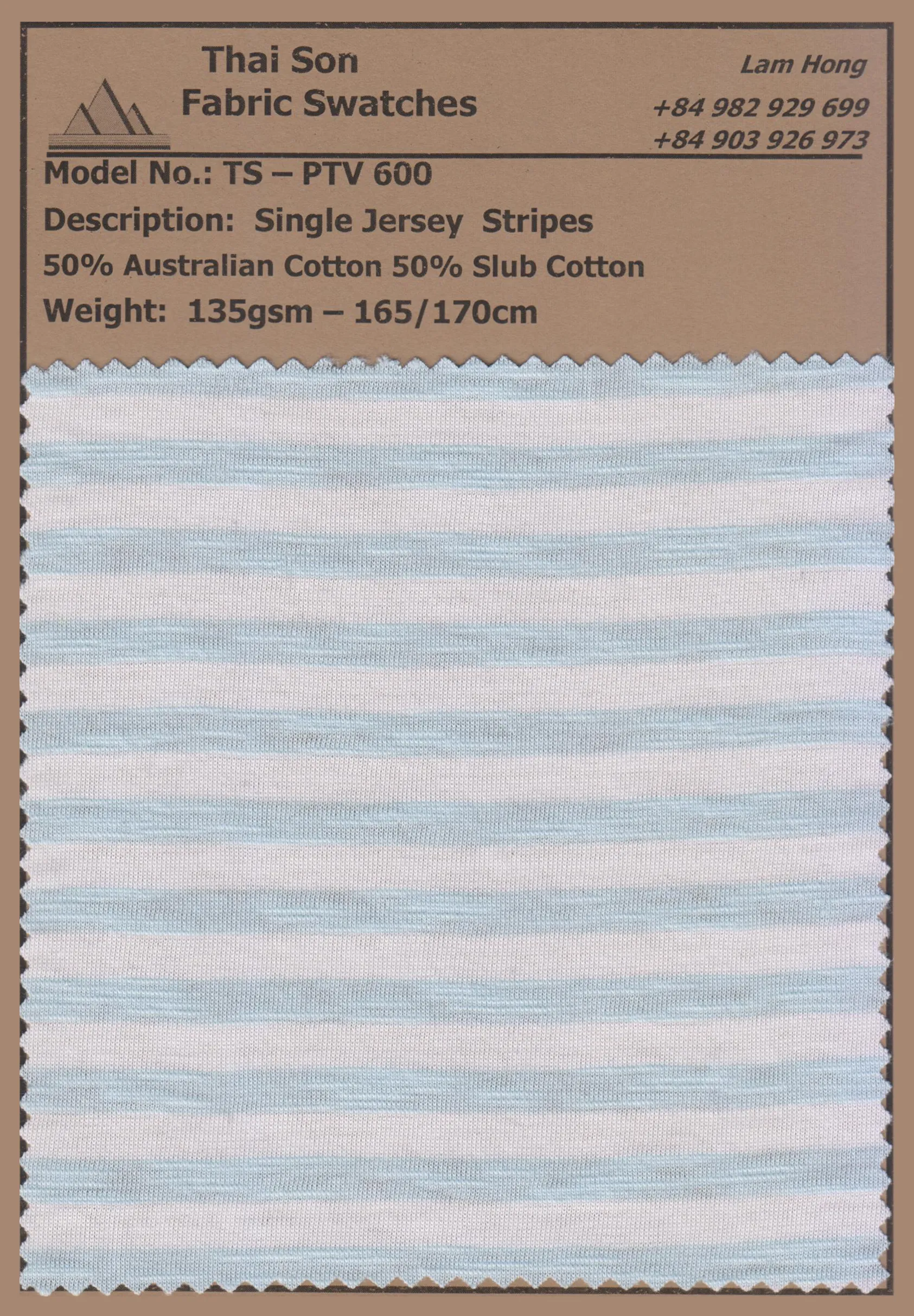 A fabric swatch with stripes technique in single jersey fabric.