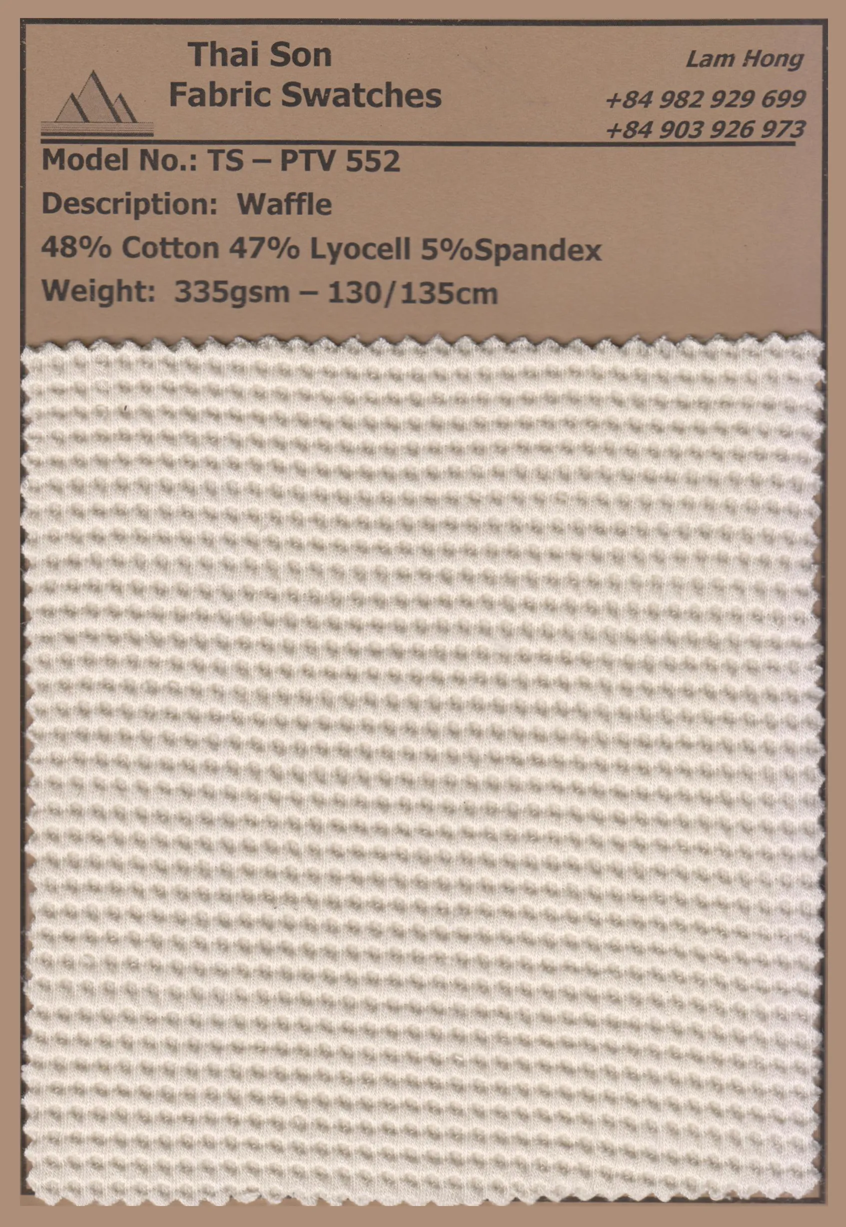 Waffle knit fabric sample made in Vietnam for apparel production.