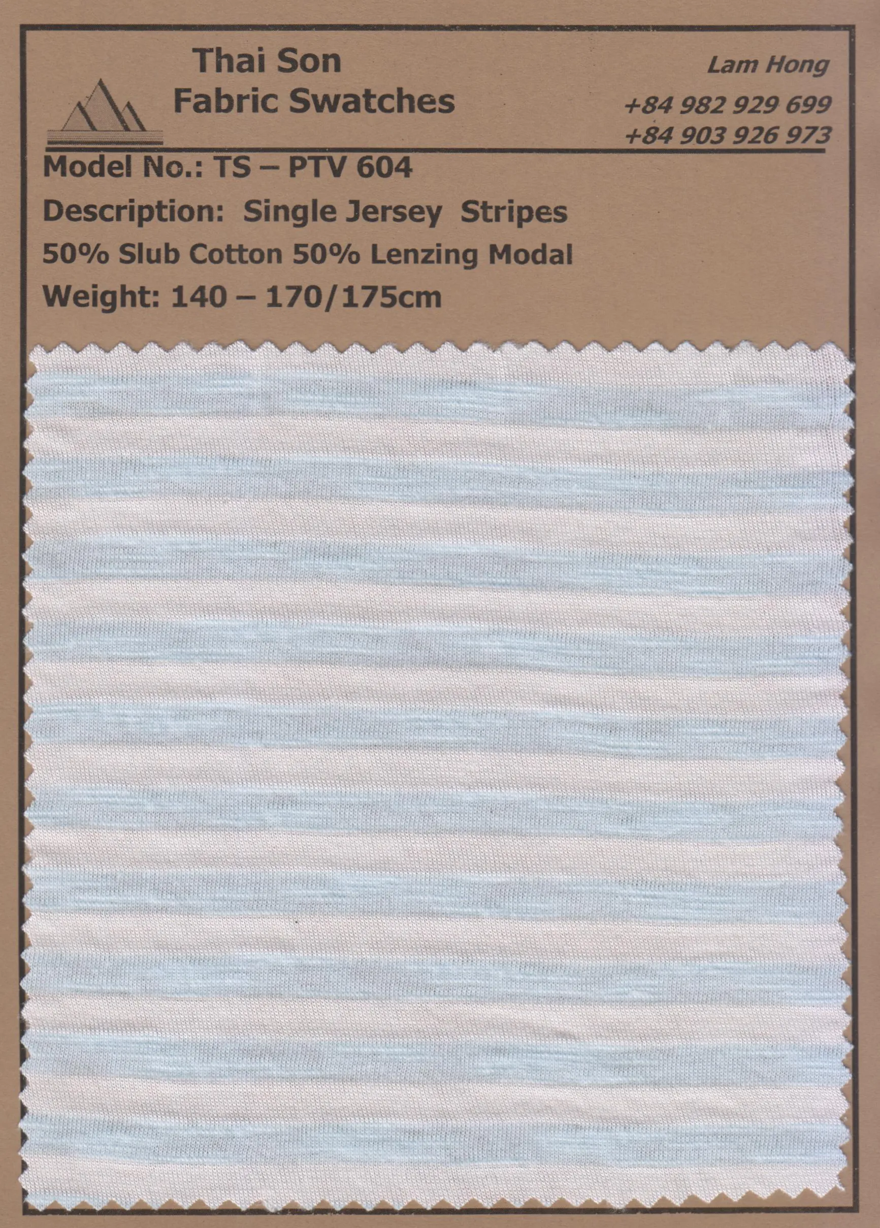 A fabric swatch with stripes technique in single jersey fabric.