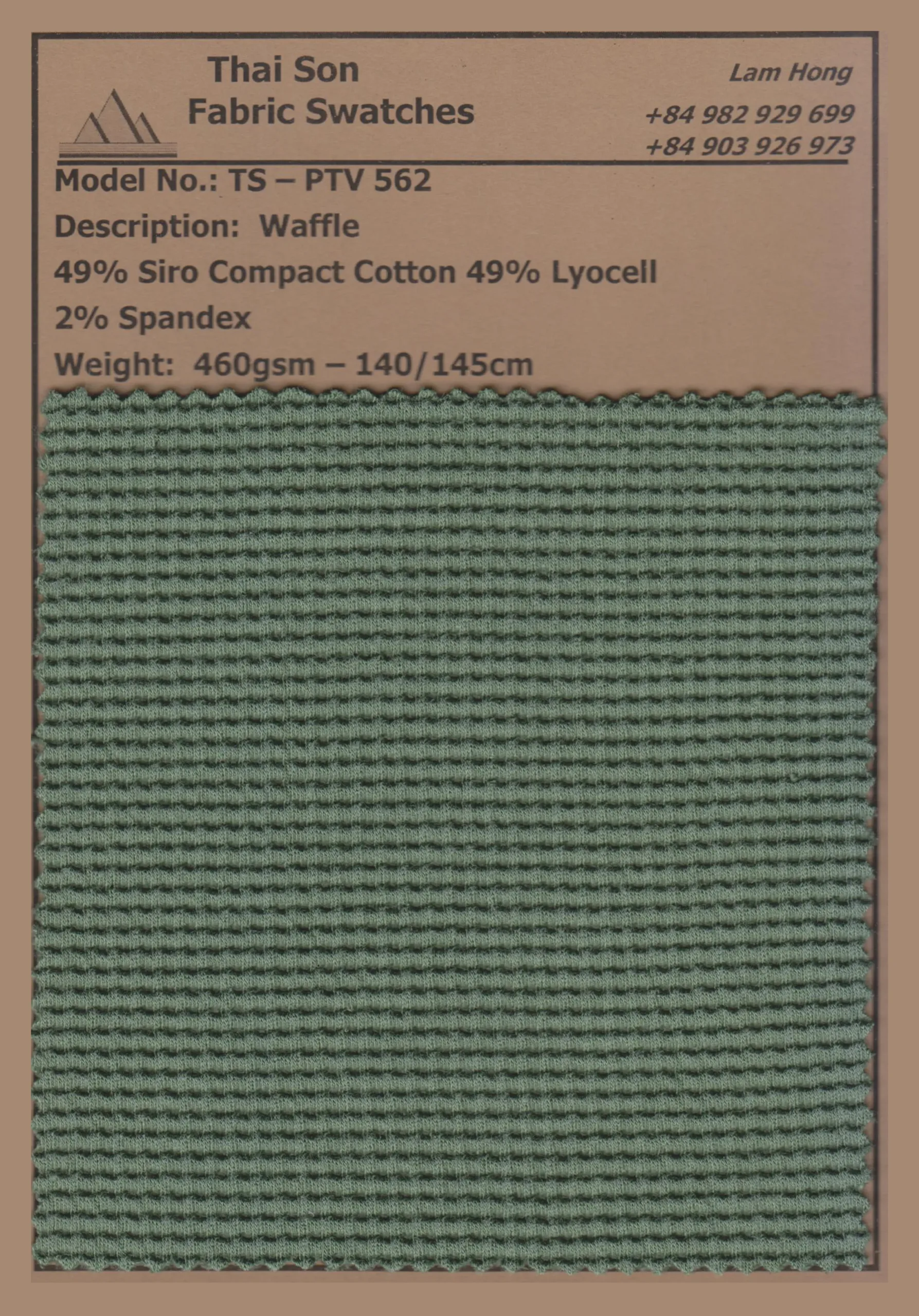 Waffle knit fabric sample made in Vietnam for apparel production.
