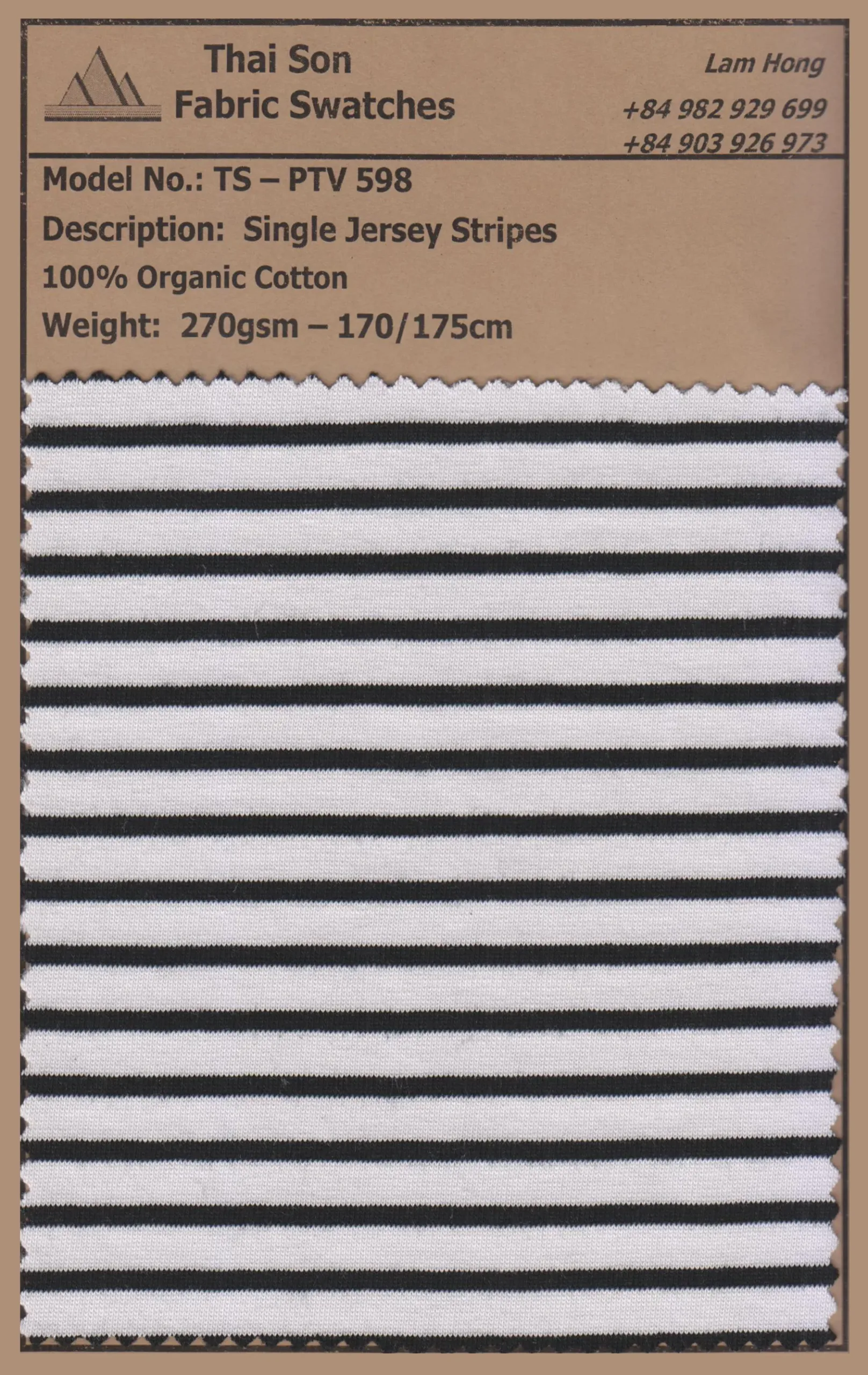 A fabric swatch with stripes technique in single jersey fabric.