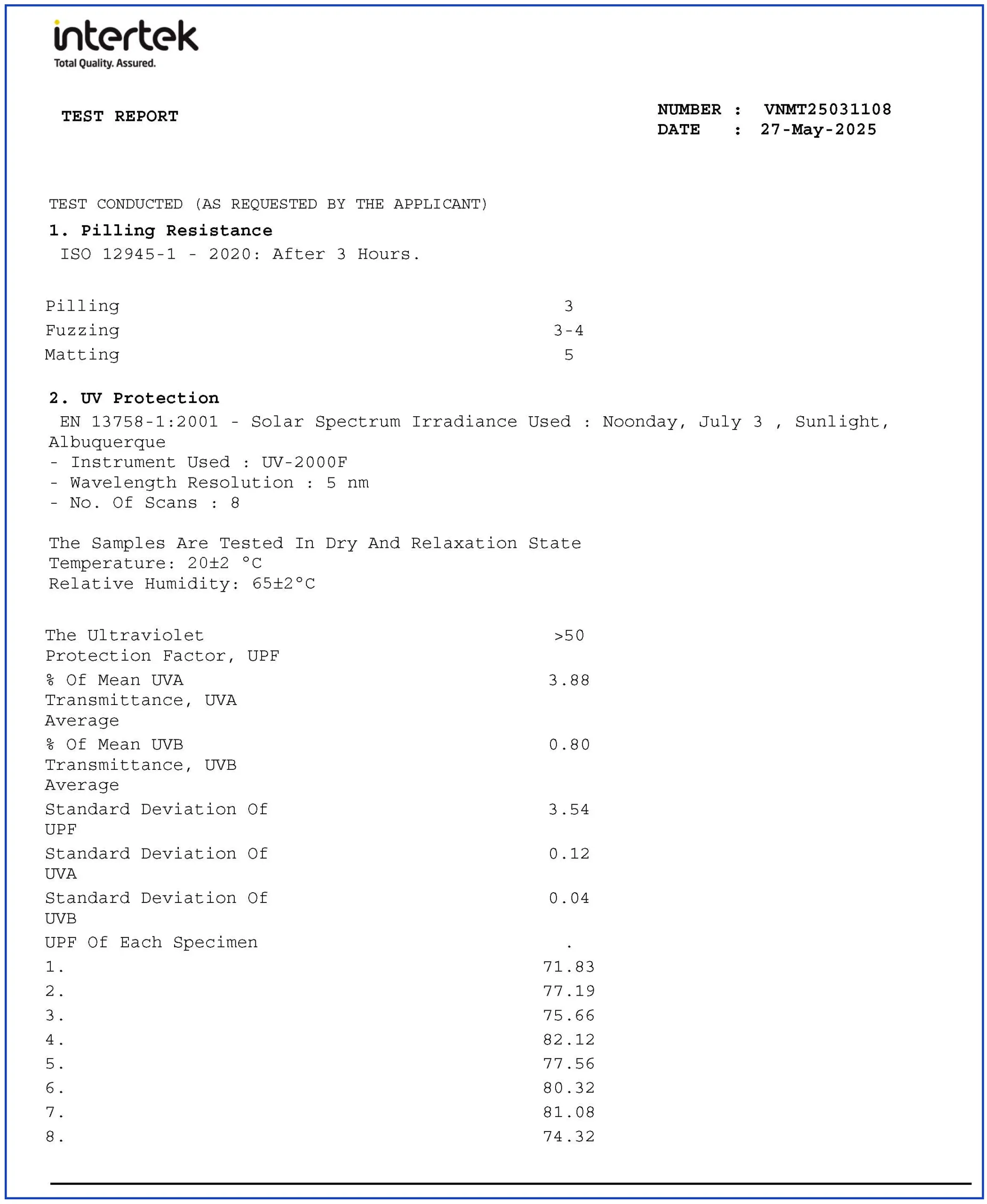 UV protection test report for Filagen fabric blend (67% Modal, 28% Filagen, 5% Spandex) from a Vietnam fabric manufacturer
