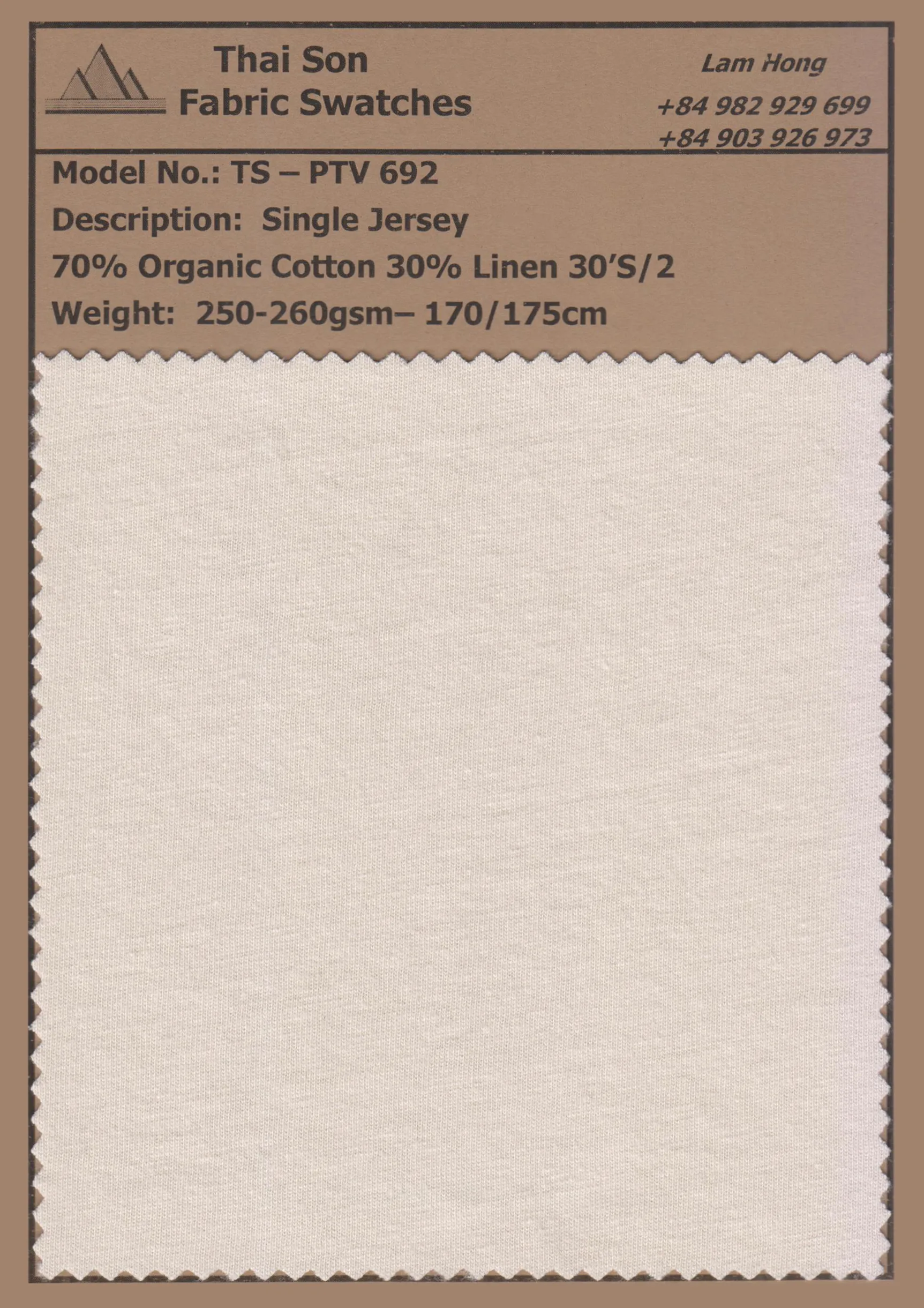 A swatch of blended Linen fabric vs cotton from Vietnam manufacturer