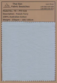  Fabric swatches of French Terry and French Terry IB fabrics in various compositions, weights, and colors, ideal for sustainable apparel production