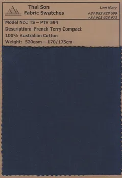 Fabric swatches of French Terry and French Terry IB fabrics in various compositions, weights, and colors, ideal for sustainable apparel production