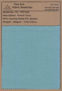  Fabric swatches of French Terry and French Terry IB fabrics in various compositions, weights, and colors, ideal for sustainable apparel production