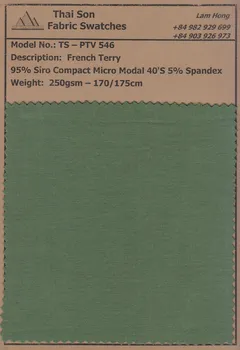  Fabric swatches of French Terry and French Terry IB fabrics in various compositions, weights, and colors, ideal for sustainable apparel production