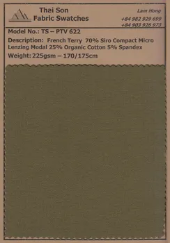  Fabric swatches of French Terry and French Terry IB fabrics in various compositions, weights, and colors, ideal for sustainable apparel production