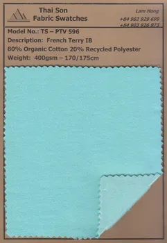  Fabric swatches of French Terry and French Terry IB fabrics in various compositions, weights, and colors, ideal for sustainable apparel production