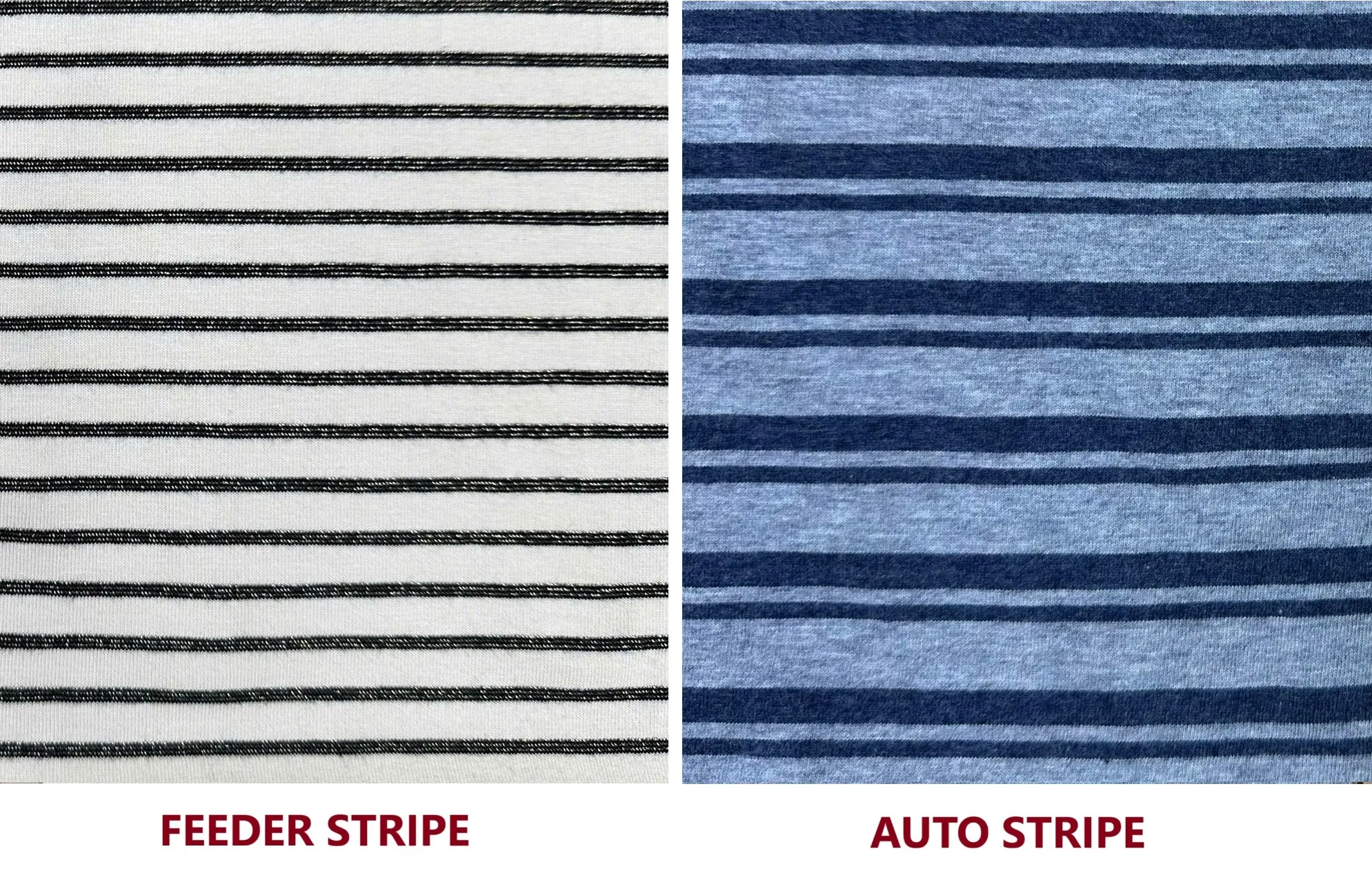 Feeder stripe and auto stripe patterns in single jersey knit fabric.