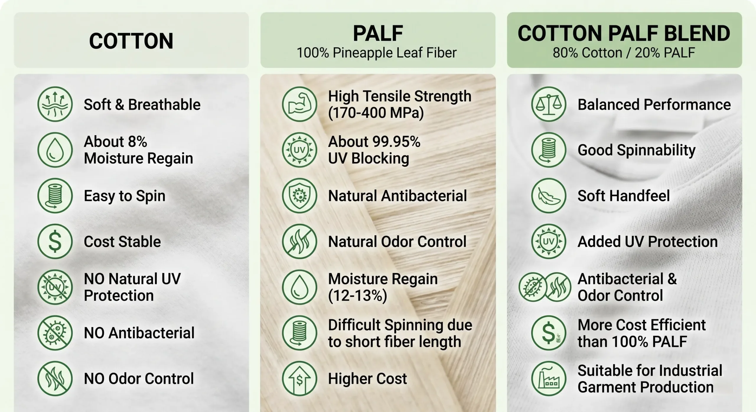 Thai Son Knit Fabric comparison of cotton, PALF fiber and Cotton PALF 80/20 blend fabric