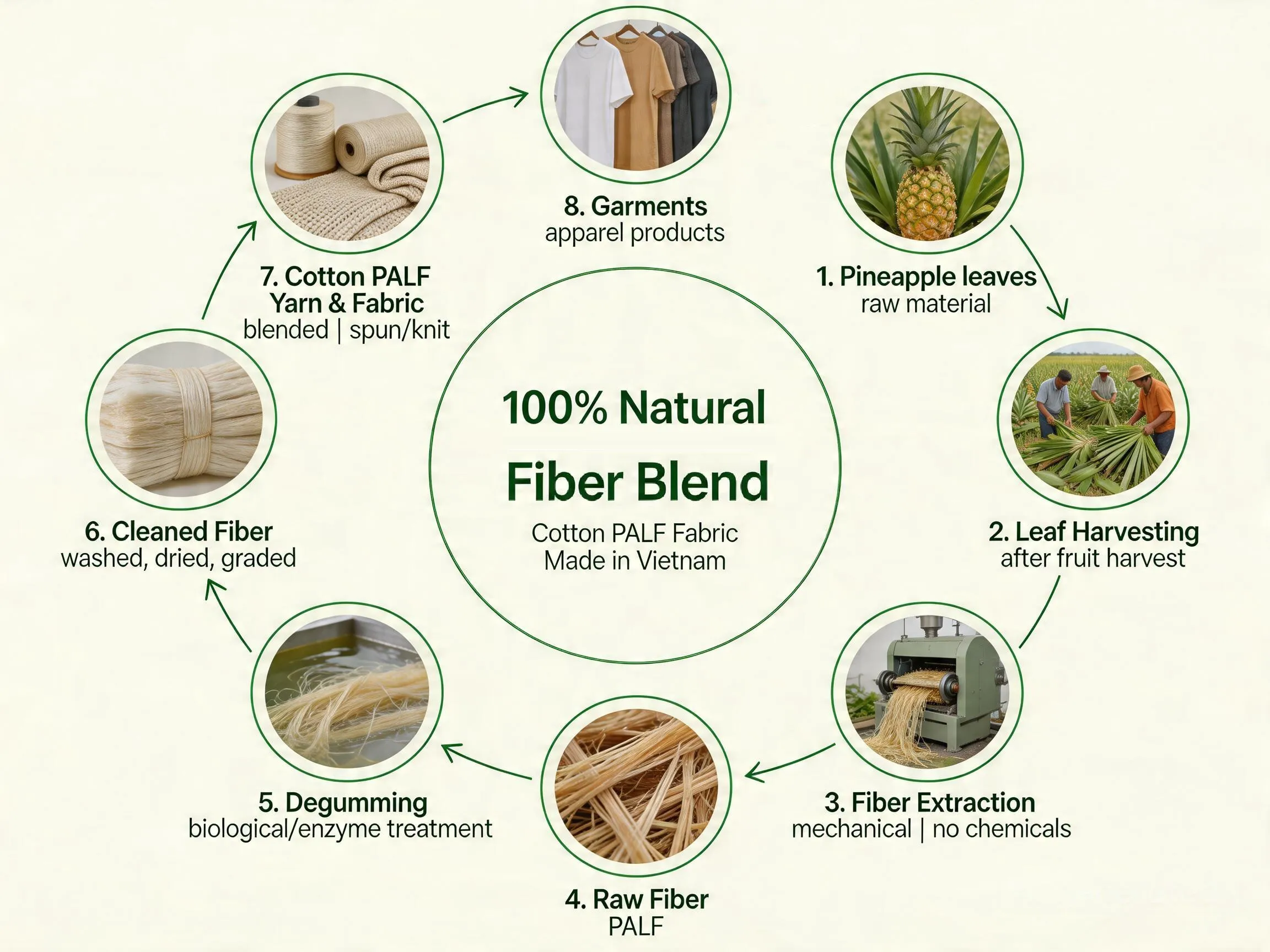 Pineapple leaf fiber PALF production process from pineapple leaves to garments by Thai Son S.P Knit Fabric